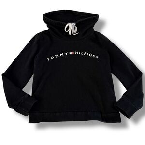 Vintage Tommy Hilfiger Women’s Black Crop Hoodie Medium 90s Y2K Logo Pullover